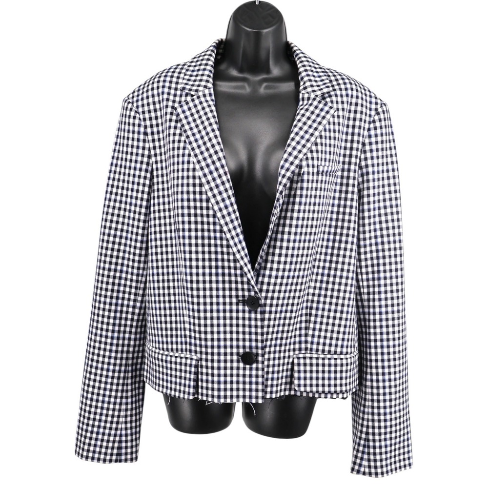 Tibi Gingham Suiting Cropped Blazer Size 12 Plaid Raw Hem Back Zip Jacket